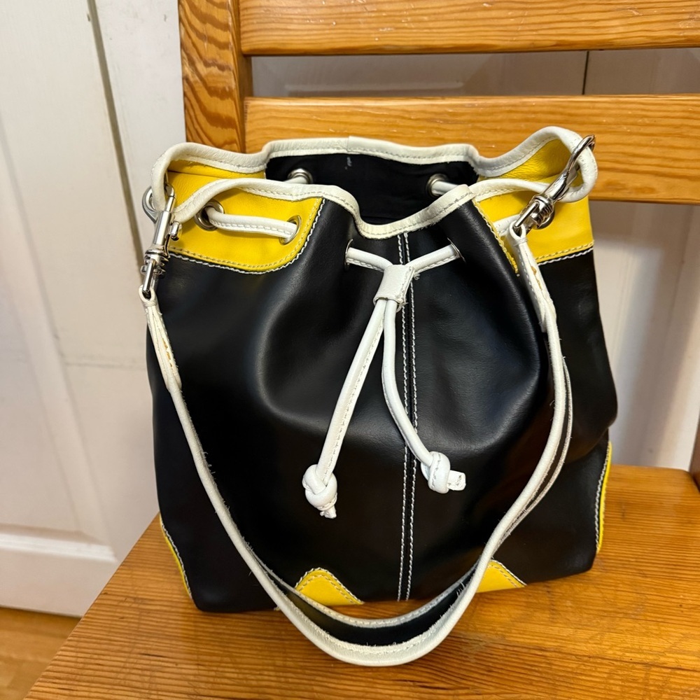 NICOLI made in Italy Black and Yellow Leather Shoulder Bucket Purse Bag - Picture 3 of 9